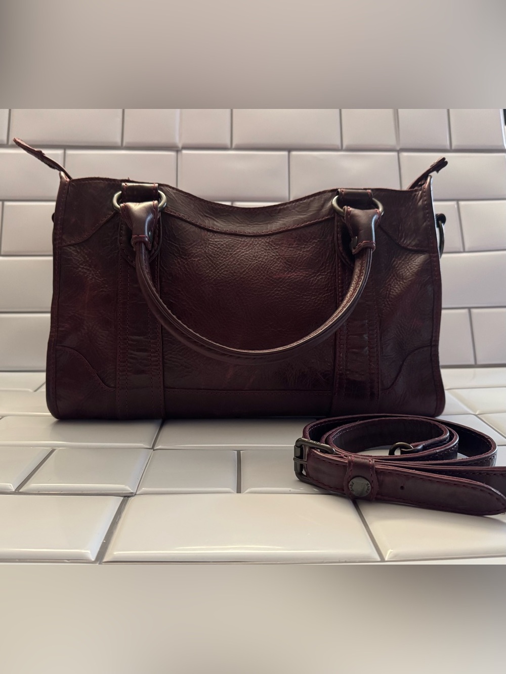 Frye Melissa Satchel 34DB147 Burgundy Leather Shoulder Crossbody Bag